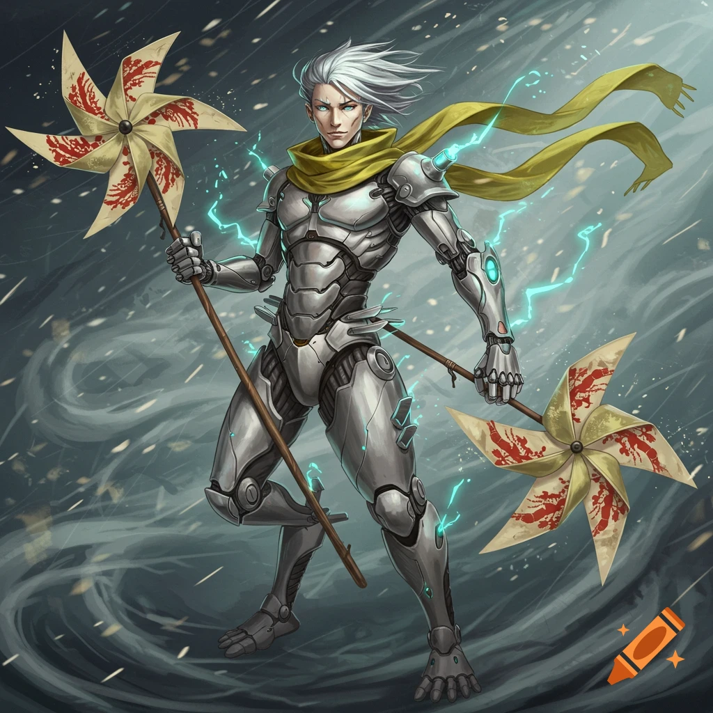 A humanoid wind elemental in metallic armor with a yellow scarf, holding two large stylized pinwheels, against a swirling windy background.