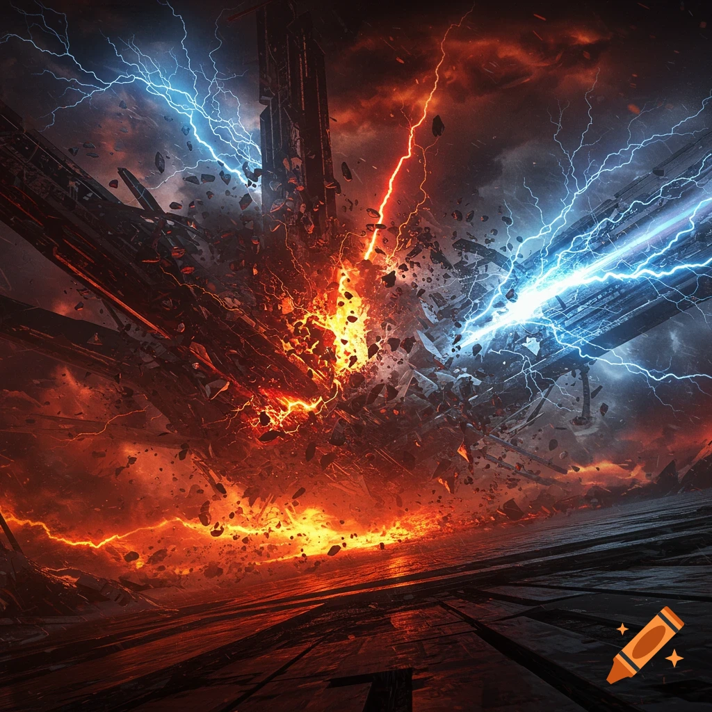 A dramatic, chaotic scene with blue and red lightning striking crumbling structures amidst explosions of fire and debris.