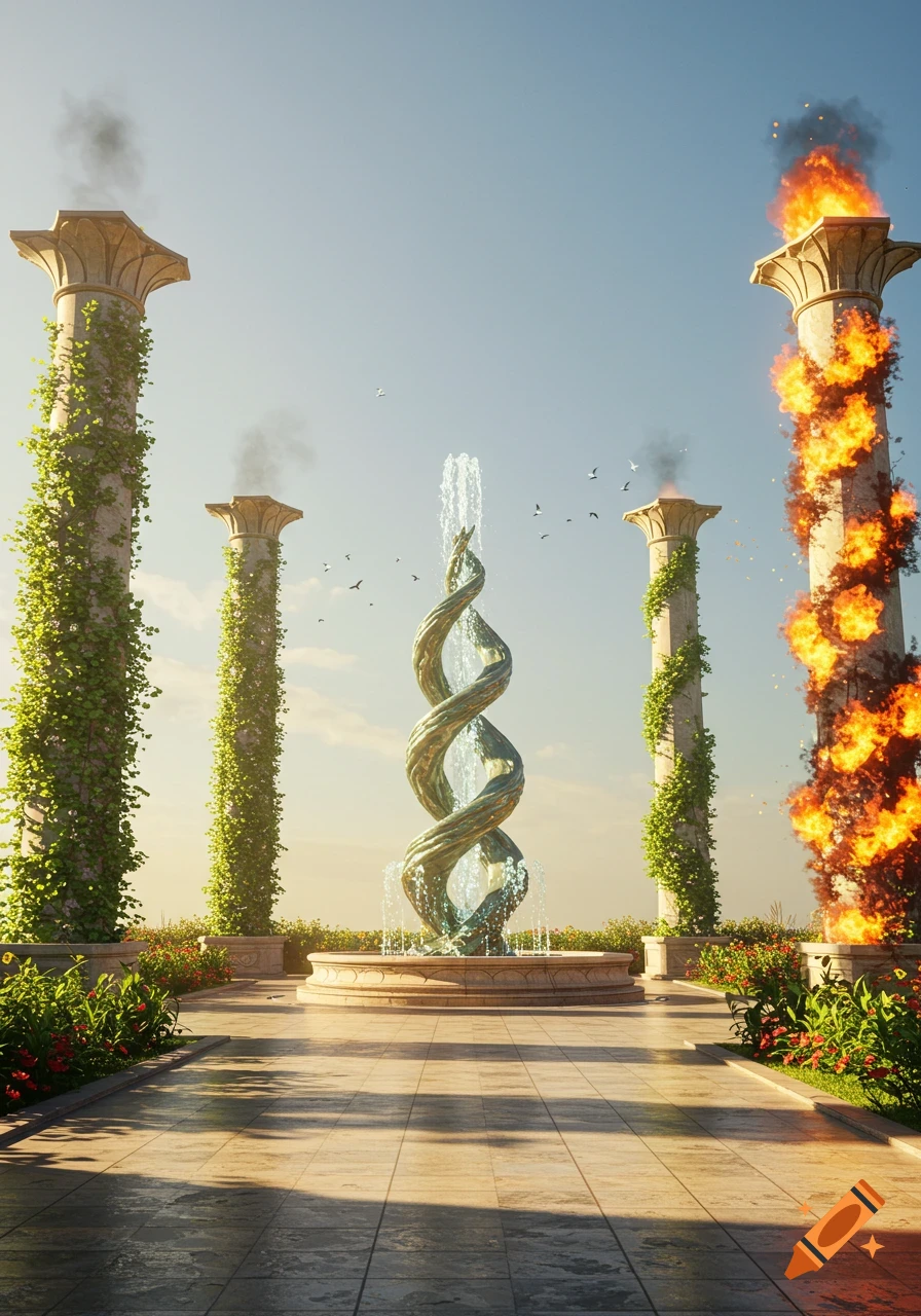 A detailed render of a plaza with a central swirling fountain and four tall pillars, one ablaze with fire, others covered in vines, under a clear sky.