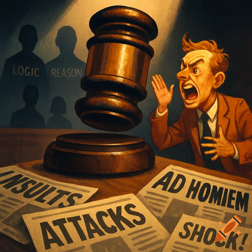A stylized illustration of an angry man shouting in a courtroom with a floating gavel, surrounded by papers reading 'INSULTS', 'ATTACKS', 'AD HOMIEM', 'SHOCK!'. Silhouettes of 'LOGIC' and 'REASON' are in the background.