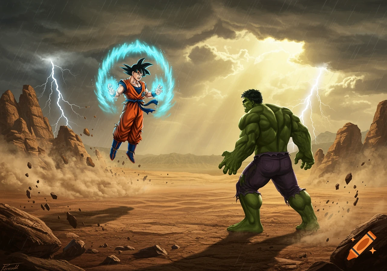 Goku, surrounded by a blue aura, floats facing a green-skinned Hulk in a stormy desert with lightning.