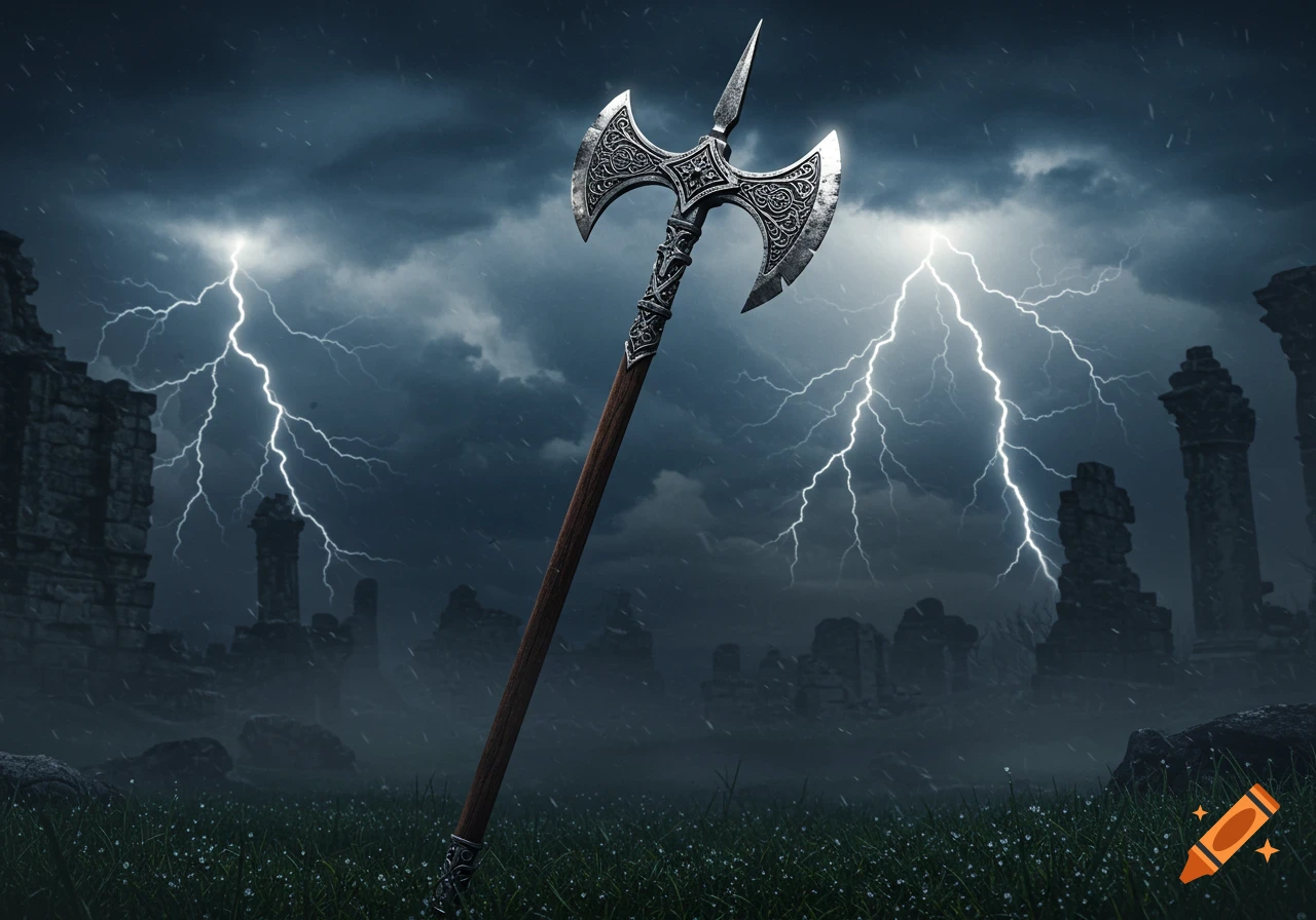 An ornate double-bladed halberd stands in a grassy field with ancient ruins under a dark, stormy sky with lightning.