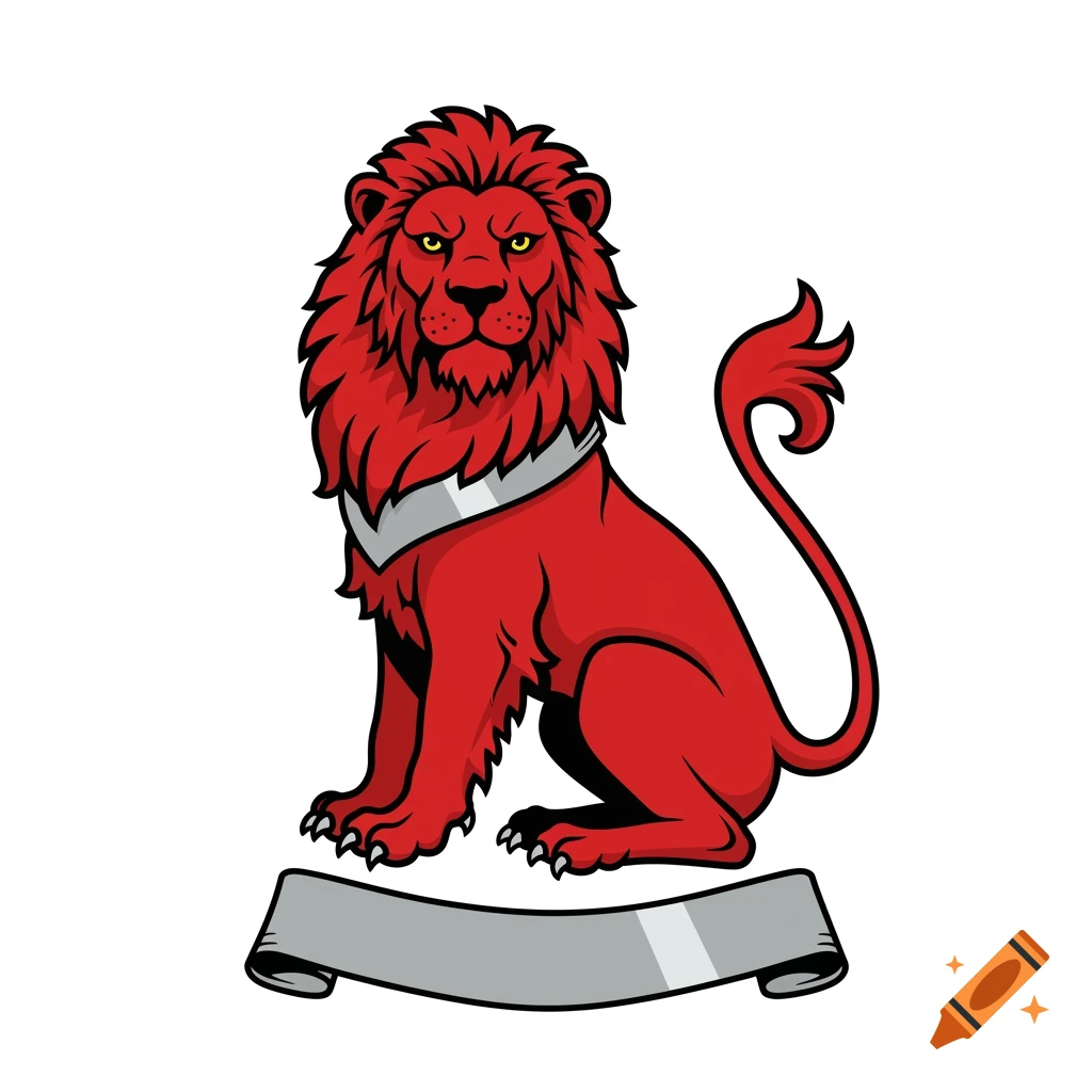 A red heraldic lion, sejant, facing forward with a silver collar, sits above a grey banner. Classic illustration style.