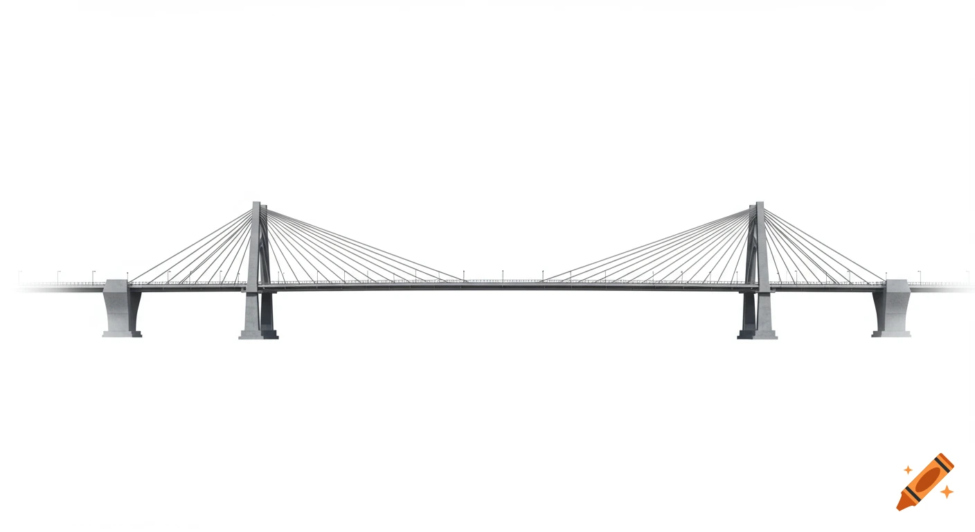 A side-to-side drawing of a long suspension bridge with two towers on a white background.