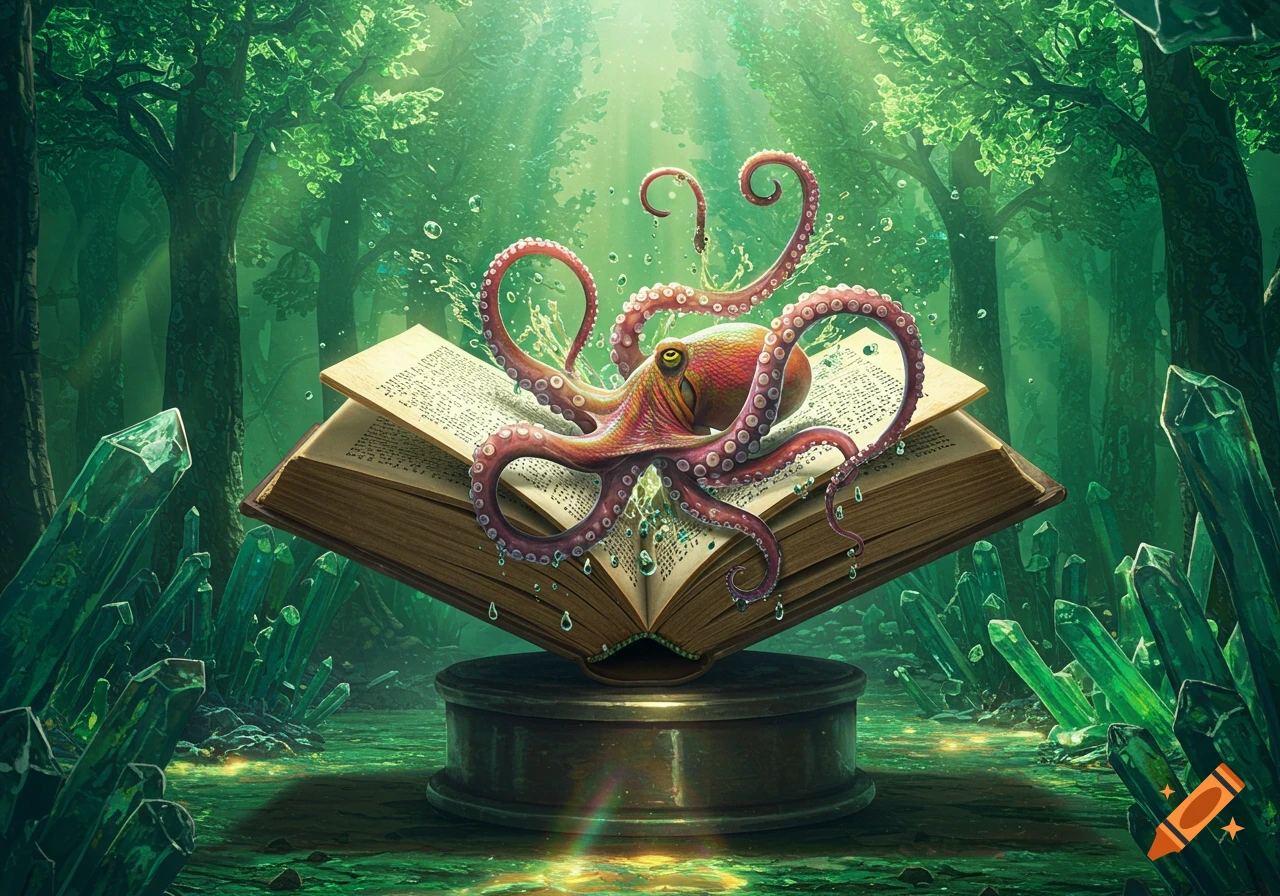 A vibrant red and purple octopus sits on an open, old book in a luminous green forest filled with large emerald crystals.