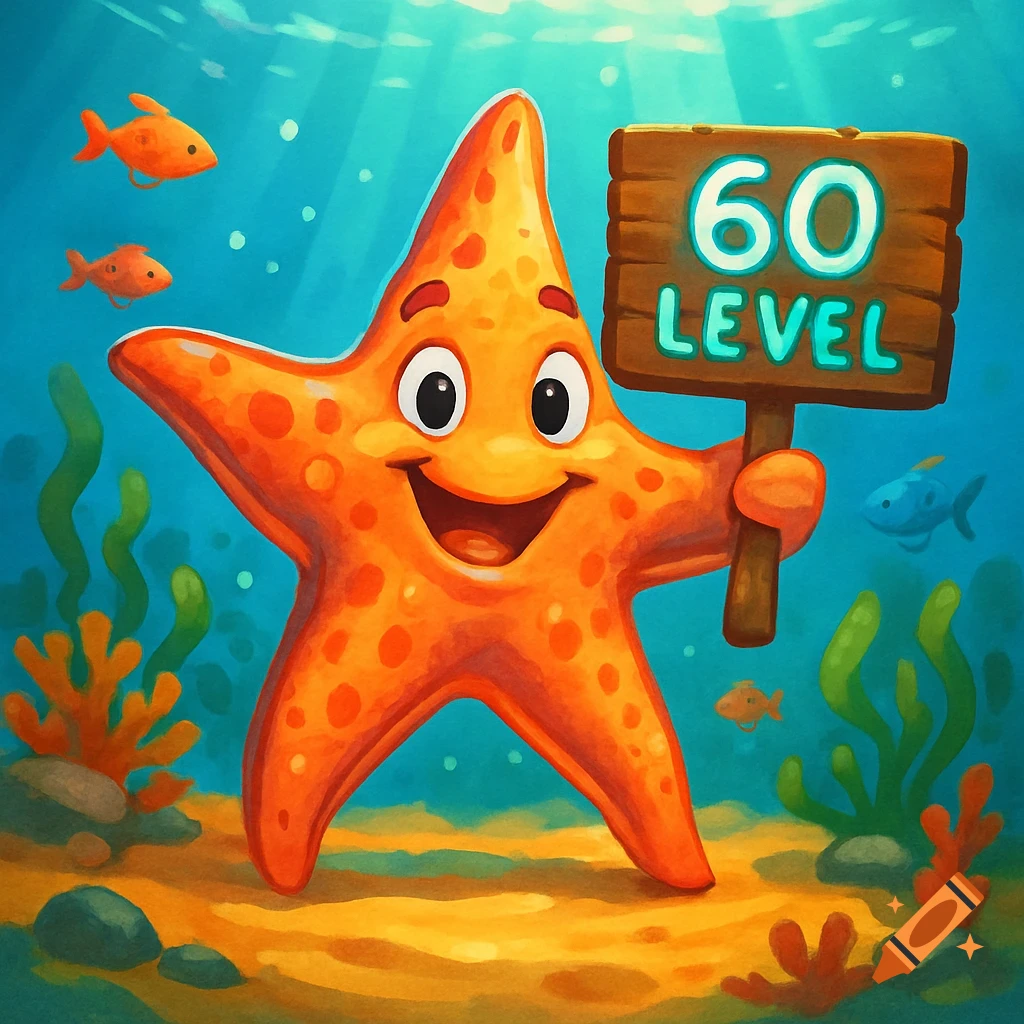 A friendly cartoon starfish with a big smile holds a wooden sign that reads "60 LEVEL" in a vibrant underwater scene with fish and coral.