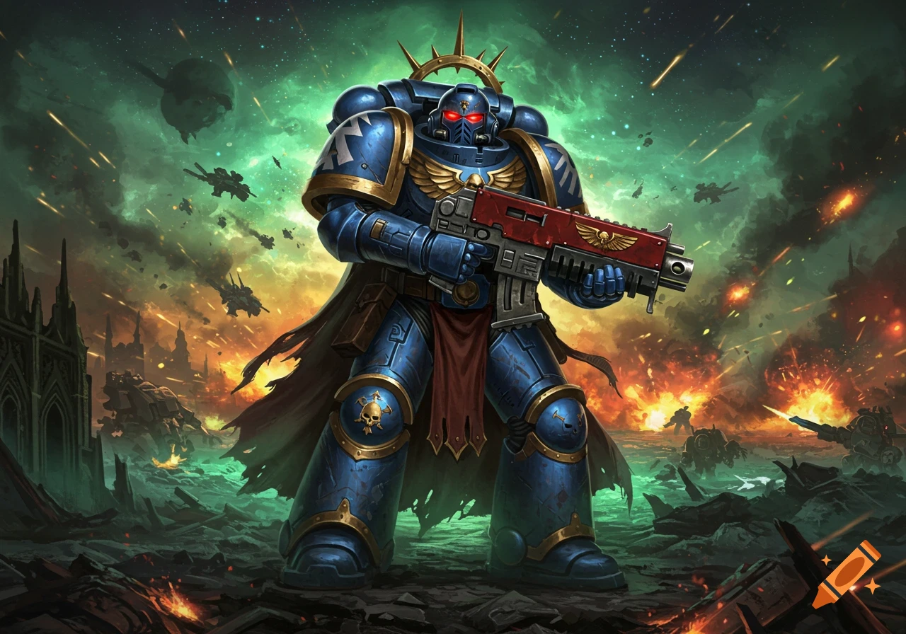 A heavily armored Warhammer 40k Space Marine stands on a war-torn battlefield, holding a rifle amidst explosions and debris.