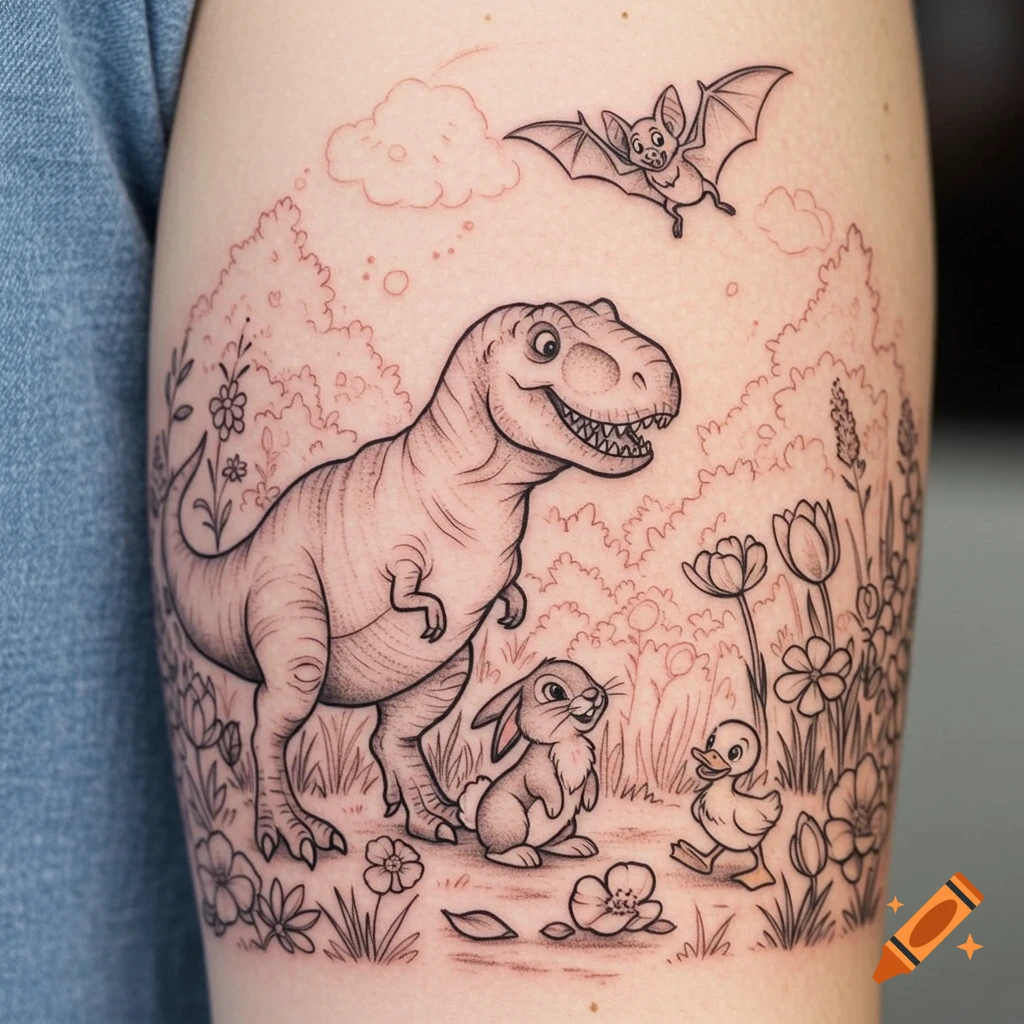 Black and grey tattoo of a friendly T-Rex, bunny, duckling, and bat among flowers on a forearm.