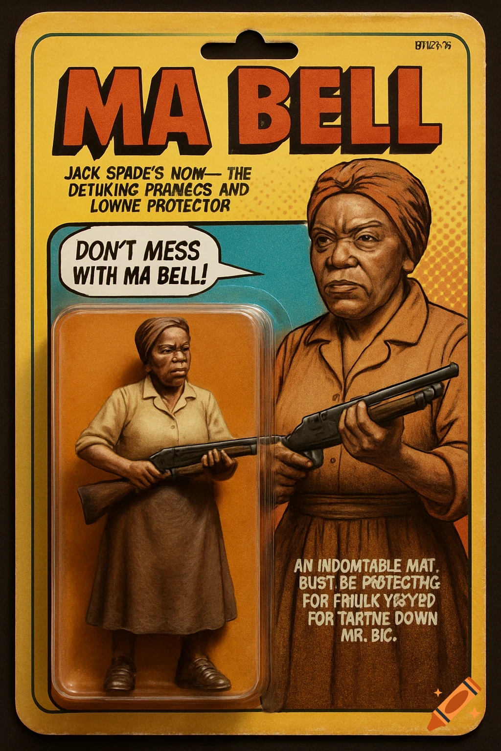 Hyper-realistic Ma Bell action figure in 1980s-style blister pack packaging, holding a shotgun. Text on package reads "MA BELL" and "DON'T MESS WITH MA BELL!".
