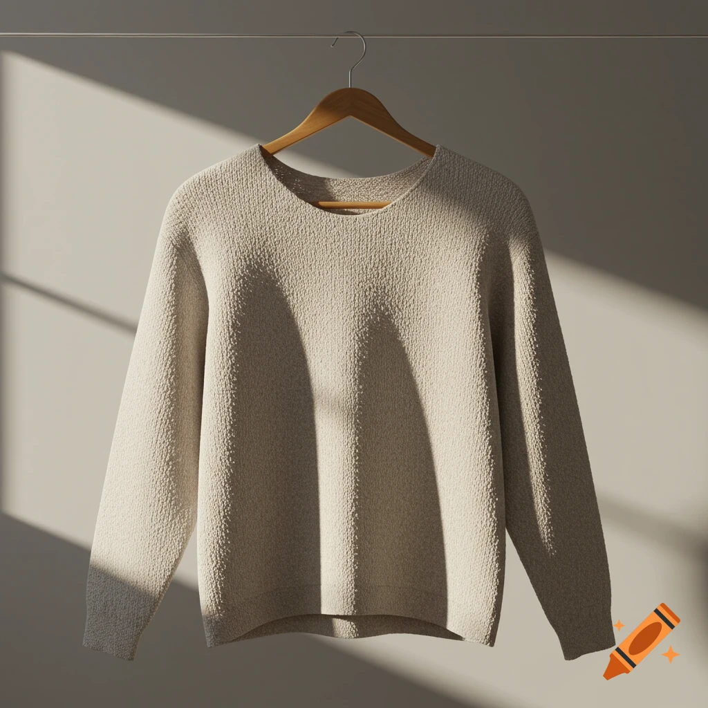 A photorealistic light beige textured sweater hangs on a wooden hanger against a light grey wall with sunlit shadows.