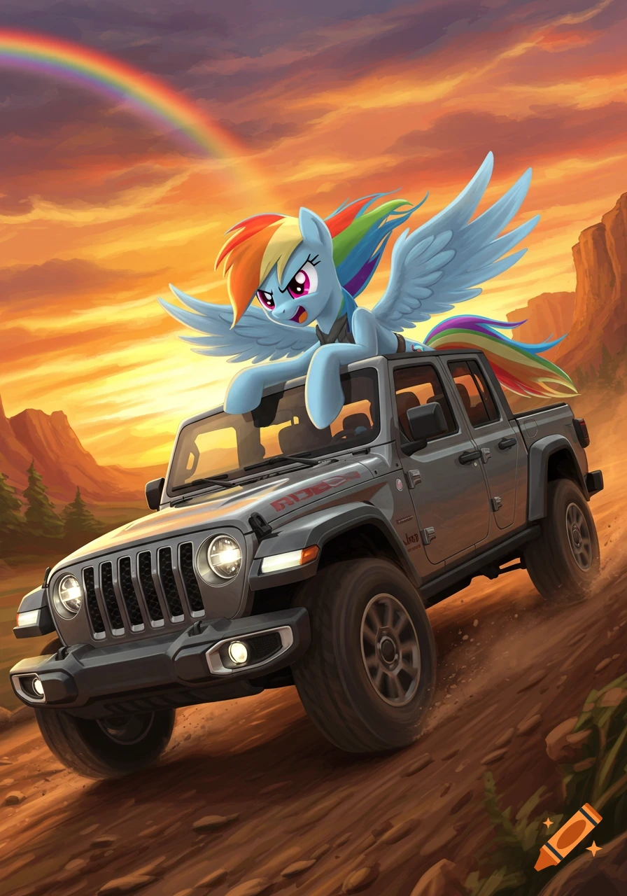 Rainbow Dash, a light blue pegasus with a rainbow mane, sits on top of a gray Jeep Gladiator driving through a desert landscape at sunset, with a rainbow in the sky.