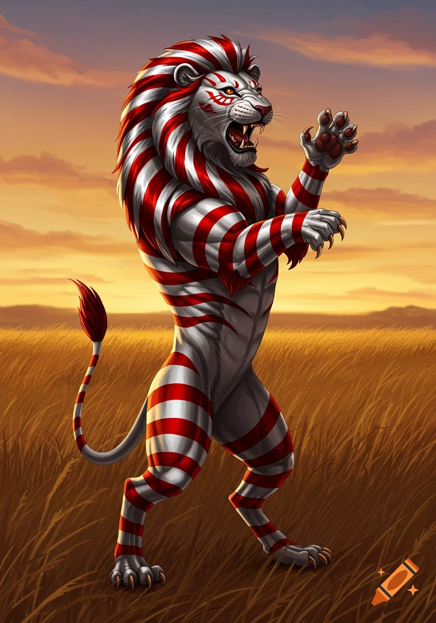 A bipedal lion with red and white stripes stands rampant in a grassy field at sunset, digital art style.