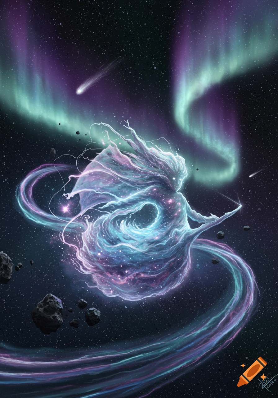 An ethereal figure of swirling galaxies and stardust floats in deep space, with green and purple auroras and meteors.