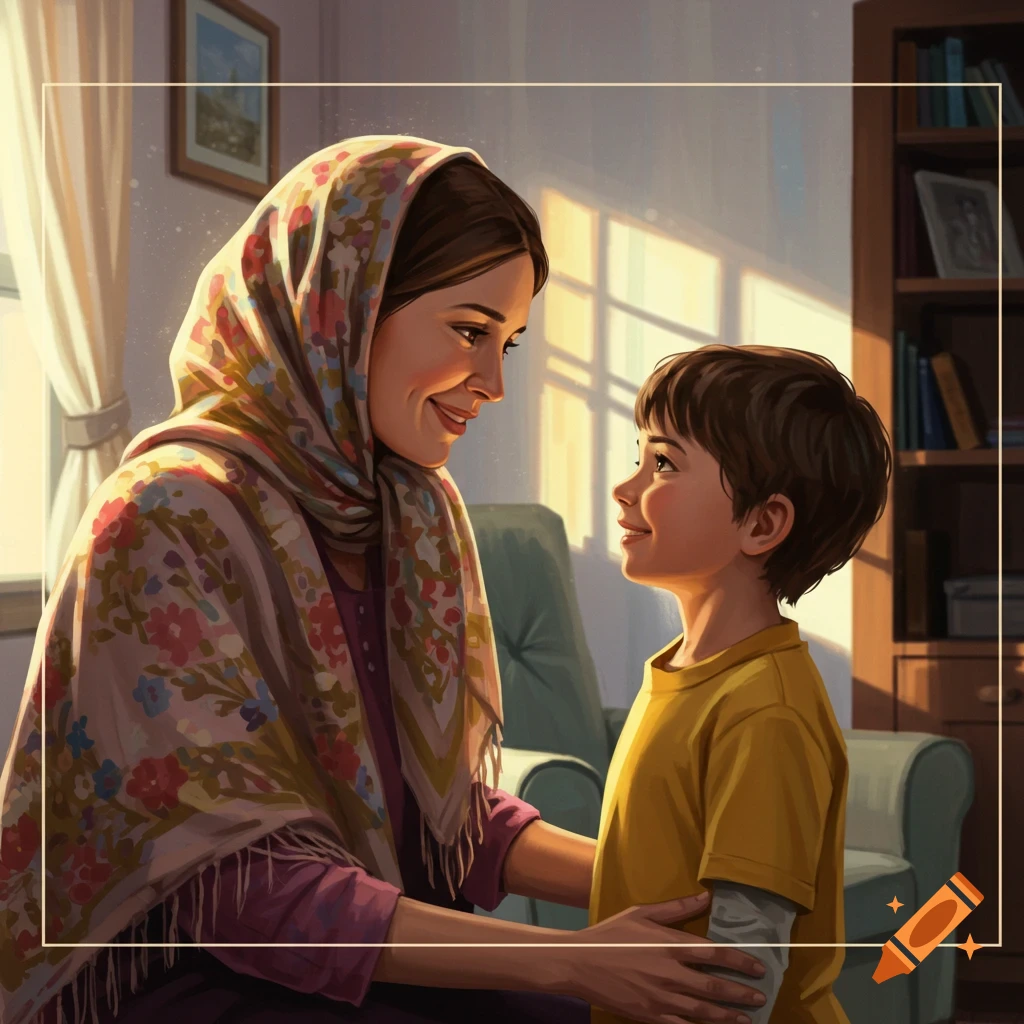 Illustrated portrait of a mother in a floral shawl lovingly looking at her son in a yellow shirt, in a sunlit home.