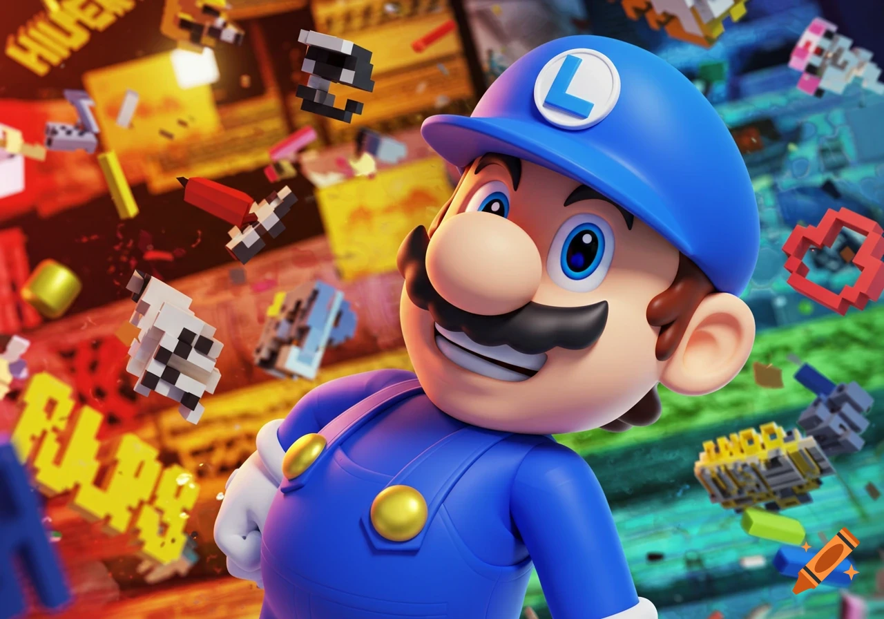 A blue-suited, smiling character with an 'L' on his hat, resembling Mario, in a vibrant, pixelated, and glitchy background.