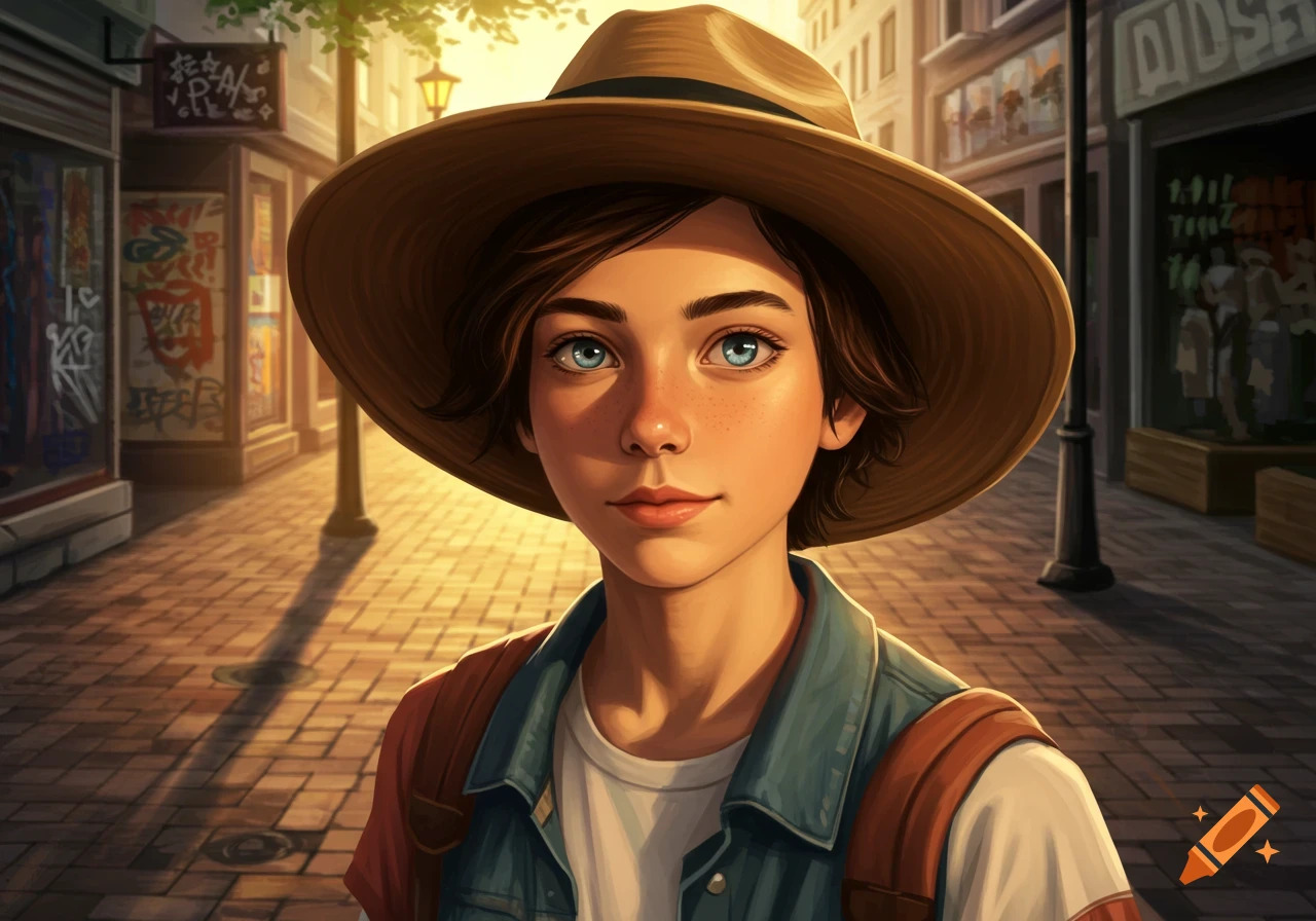 An illustrative portrait of a young person in a wide-brimmed hat and denim jacket standing on a sunlit city street.