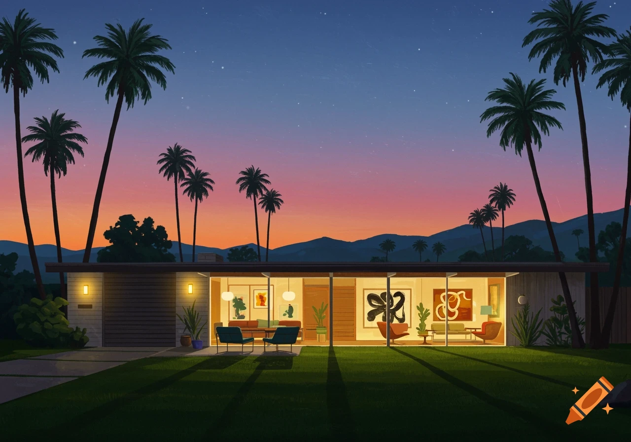 A stylized illustration of a mid-century modern house at dusk, surrounded by palm trees against a colorful sunset sky.