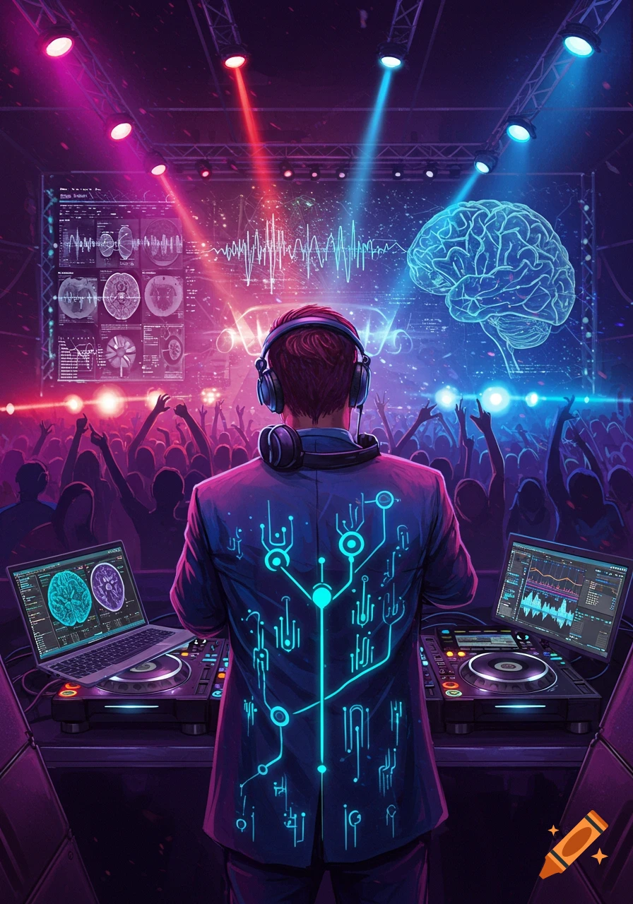 A futuristic DJ with a circuit board design on their jacket stands with their back to a cheering crowd, performing in front of screens displaying brain scans and data, under vibrant pink, red, and blue stage lights.