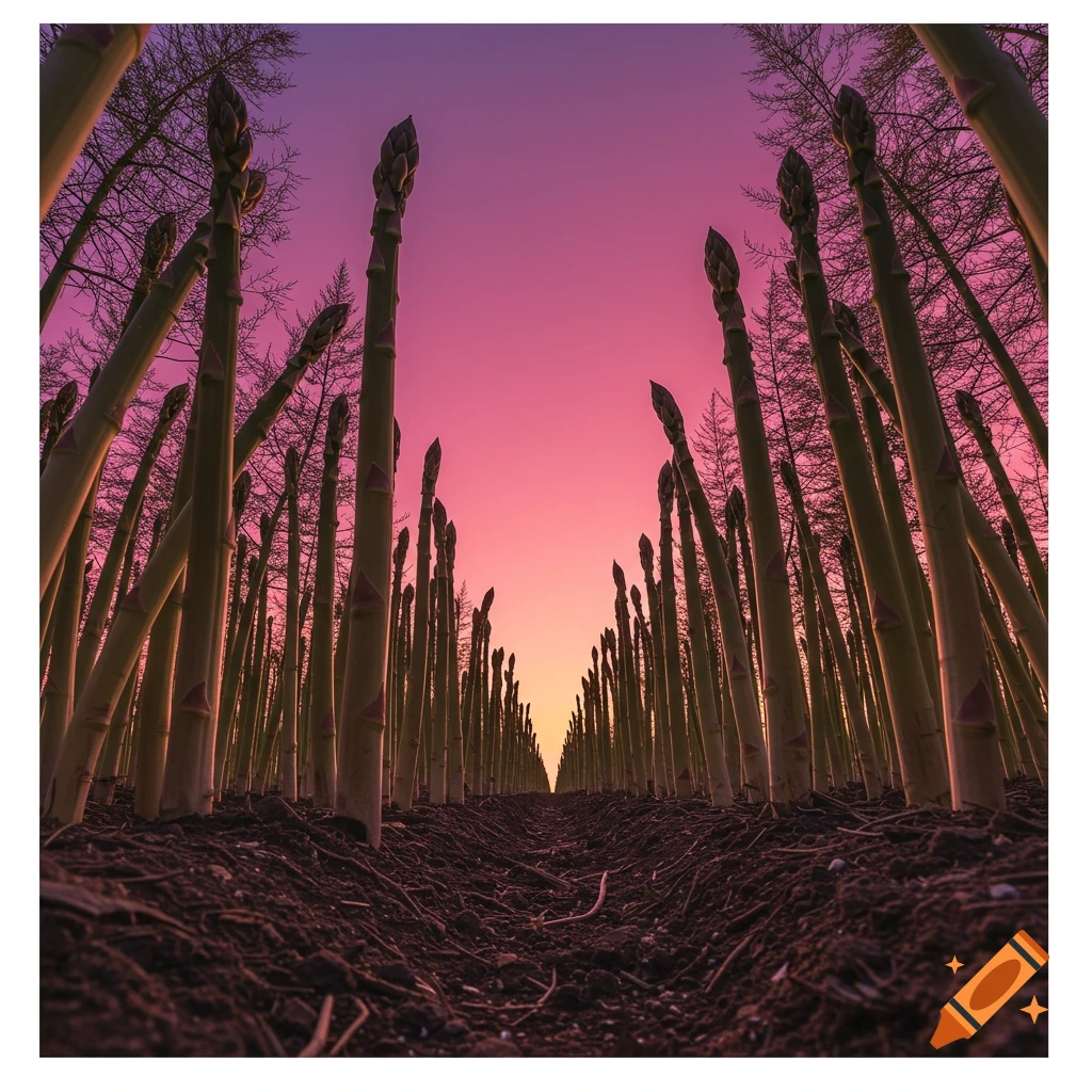 Extreme low-angle view of giant asparagus stalks in a field at magenta sunset, resembling colossal trees. Photorealistic.