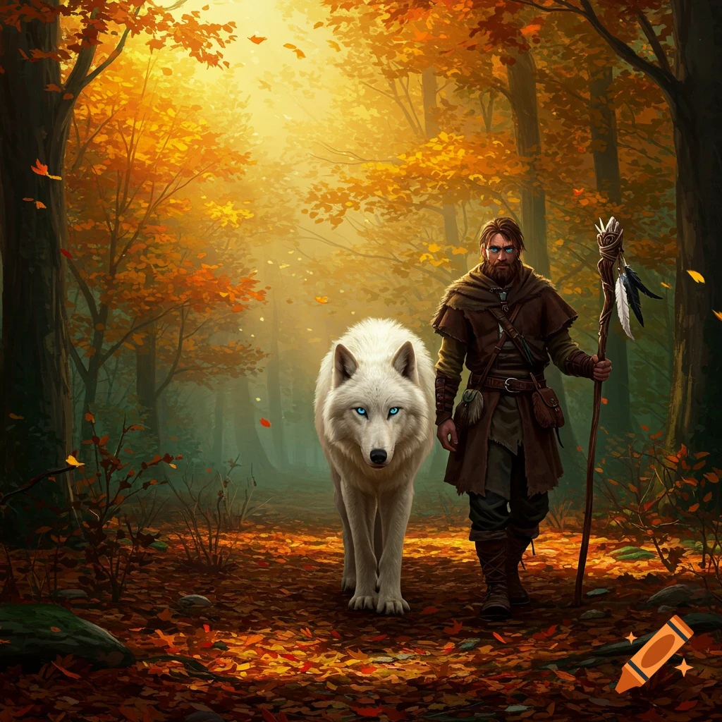 A bearded man in a cloak walks through an autumn forest with a white wolf, its blue eyes glowing.