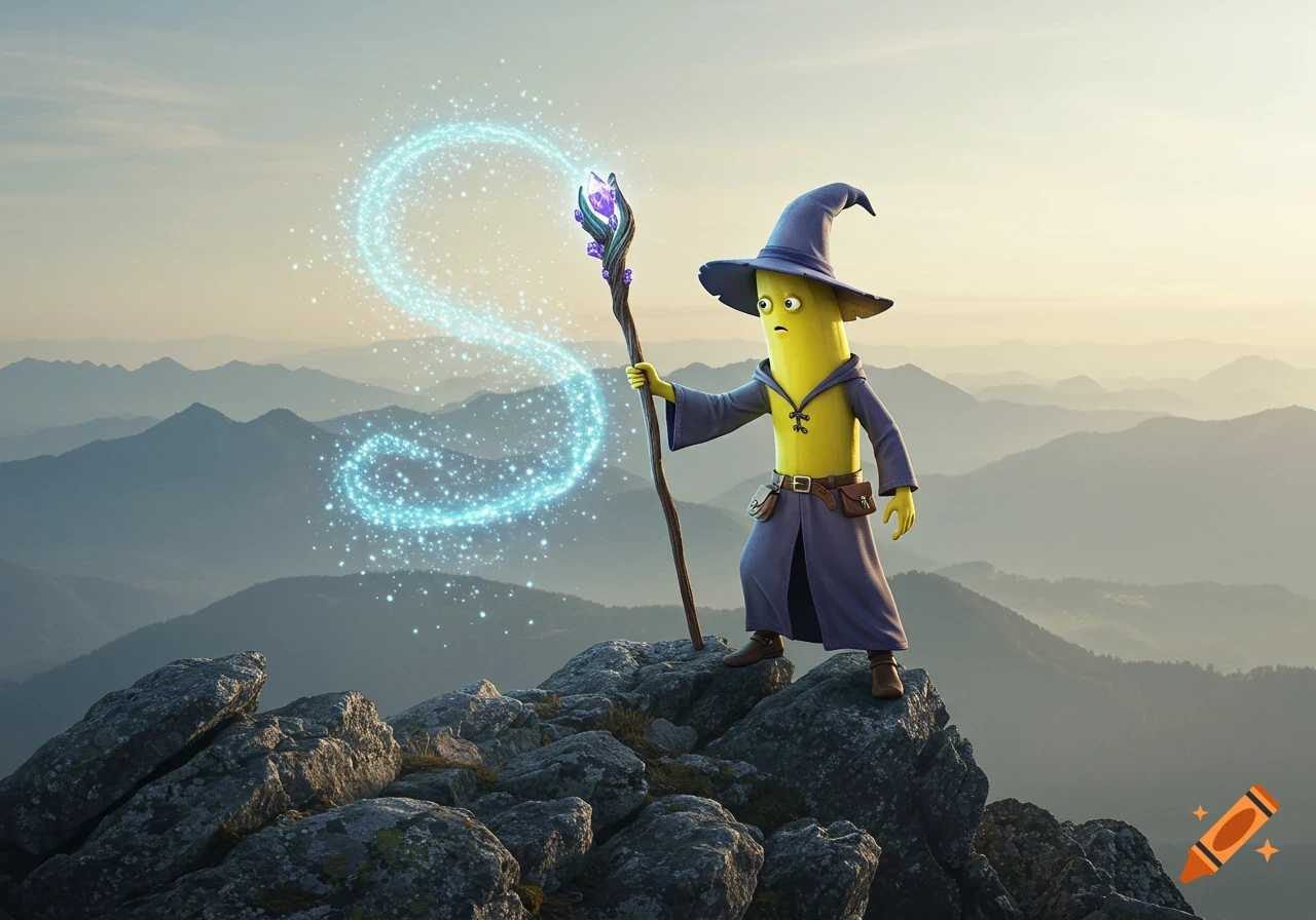 A yellow banana wizard in a purple robe and hat stands on a rocky mountain peak, casting sparkly blue magic from a staff.
