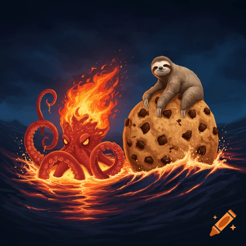 A lava kraken emerges from fiery water next to a giant chocolate chip cookie with a sloth sitting on top, under a stormy sky.