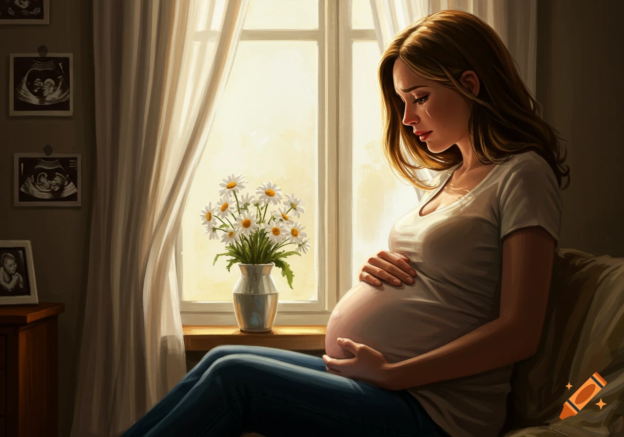 A distraught pregnant woman sits by a window, clutching her belly, with ultrasound images and daisies visible.