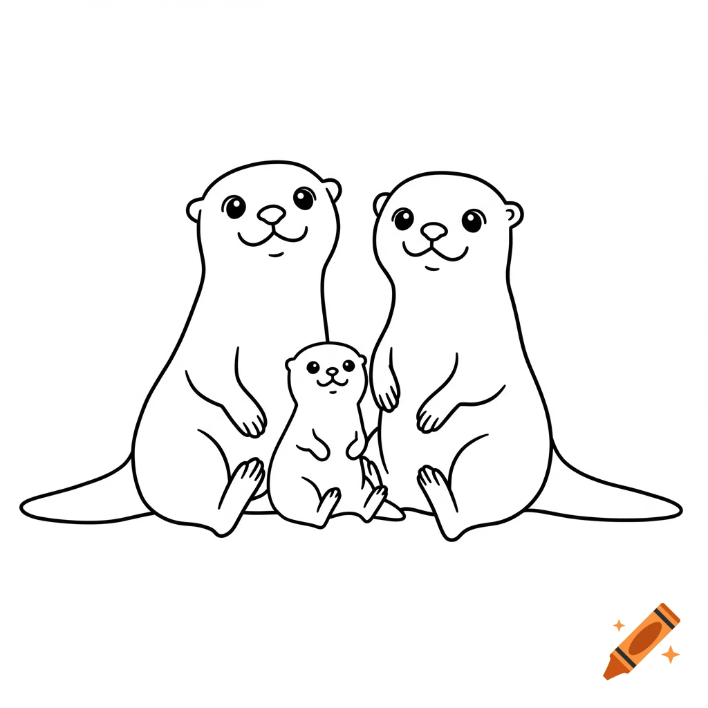 A simple black outline drawing of two adult otters sitting with a baby otter between them.