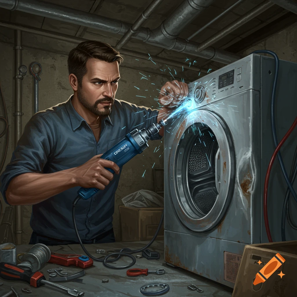 A man with a goatee uses a power tool, generating blue sparks, to repair a rusty washing machine in a dimly lit workshop filled with tools.
