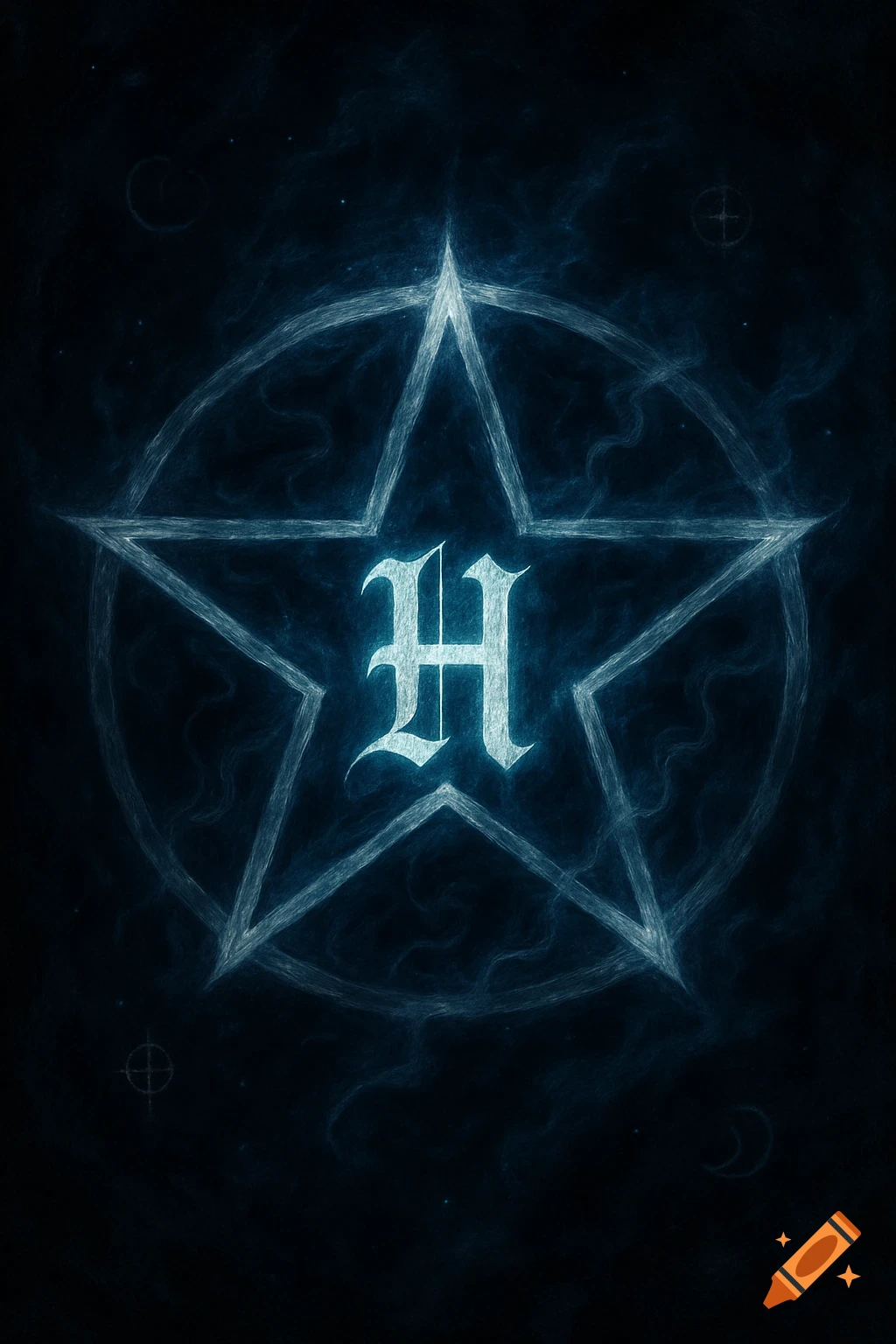A glowing blue letter H centered within a bright blue pentagram on a dark, smoky background.