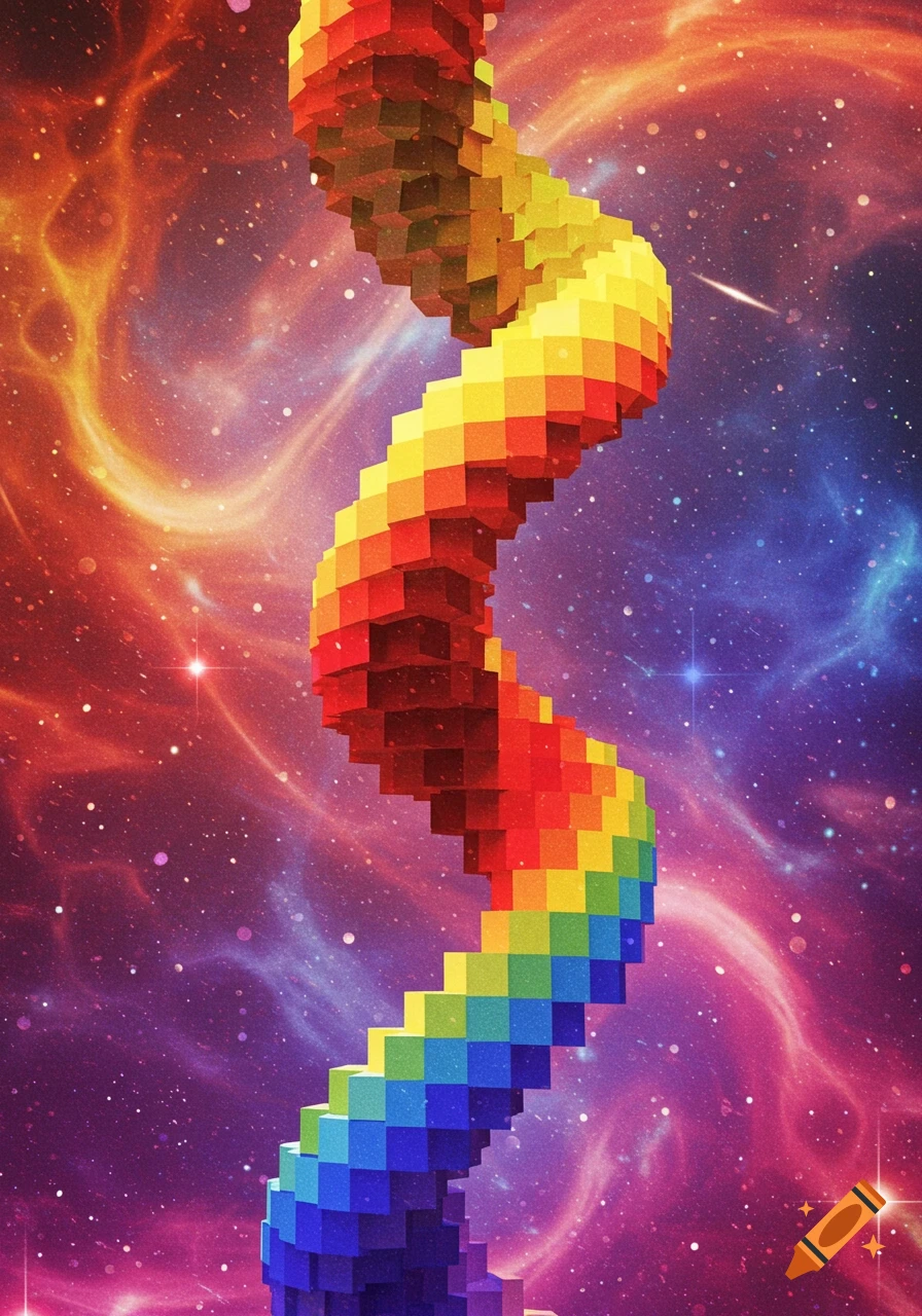 A vibrant rainbow-colored spiral of pixelated blocks ascends through a swirling, starry cosmic background.