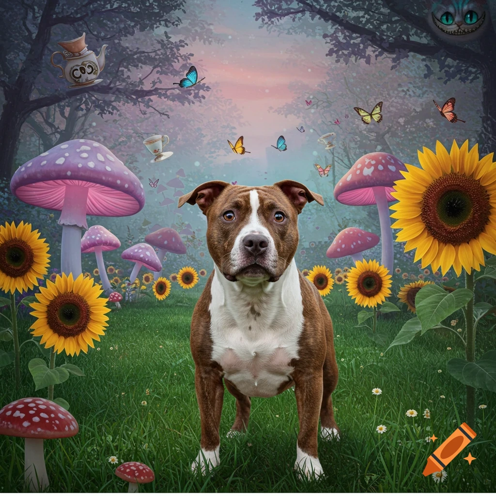 A brown and white pit bull mix stands in a vibrant fantasy wonderland with giant purple mushrooms, sunflowers, and floating teacups.