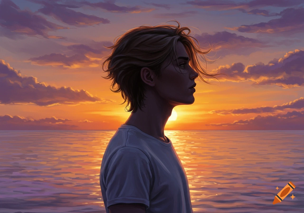A profile illustration of a person with fair hair looking out at a vibrant orange and purple sunset over a calm sea.