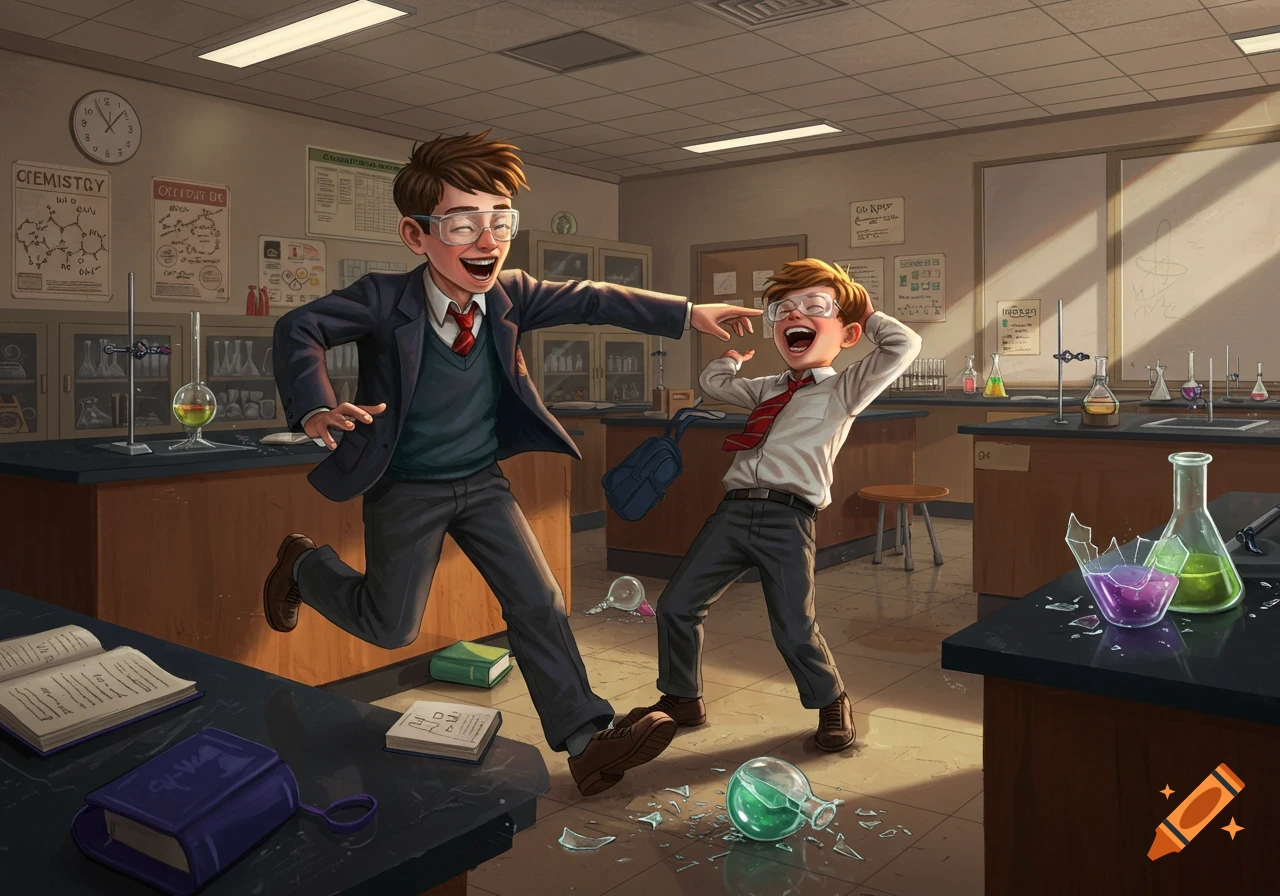 Two laughing boys in a chemistry classroom, one pointing as the other drops a beaker, spilling green liquid and breaking glass on the floor.