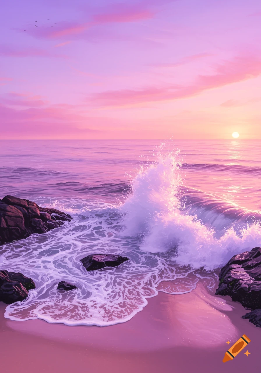 Vibrant purple sunrise over a rocky beach with a large wave crashing on the shore.