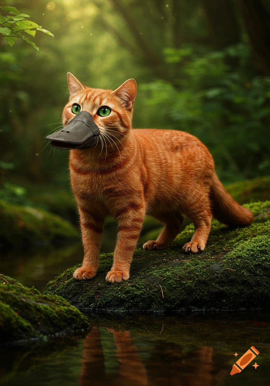 A ginger cat with bright green eyes and a platypus bill stands on mossy rocks by a stream in a sunlit forest.