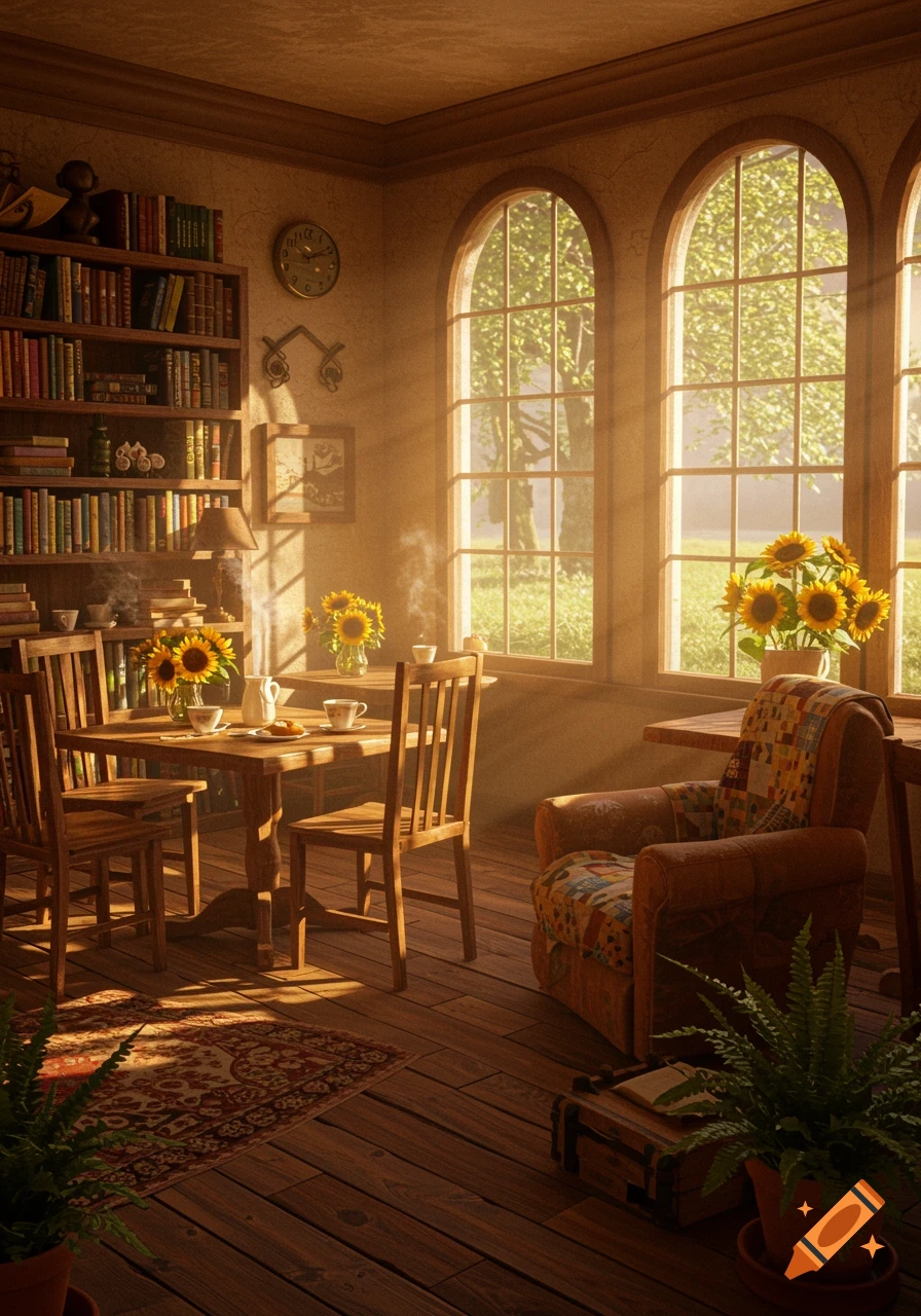 A cozy sunlit room with a wooden dining table, a bookshelf, and an armchair next to arched windows overlooking a green landscape.