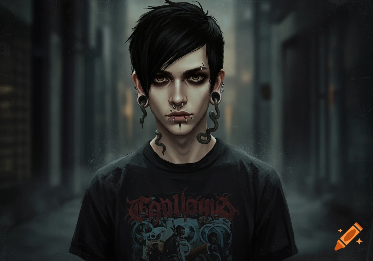 A close-up portrait of an emo man with black hair, facial piercings, stretched earlobes with snake earrings, and a black band t-shirt.