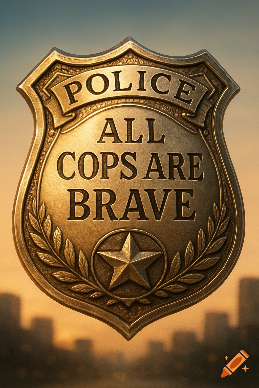 Photorealistic golden police badge with 'POLICE ALL COPS ARE BRAVE' embossed, against a blurred cityscape at sunset.
