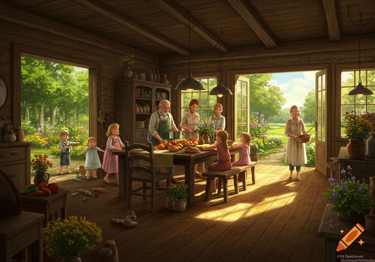 An illustrated family gathering in a rustic wooden home, preparing food together with large open windows looking out onto a vibrant garden.