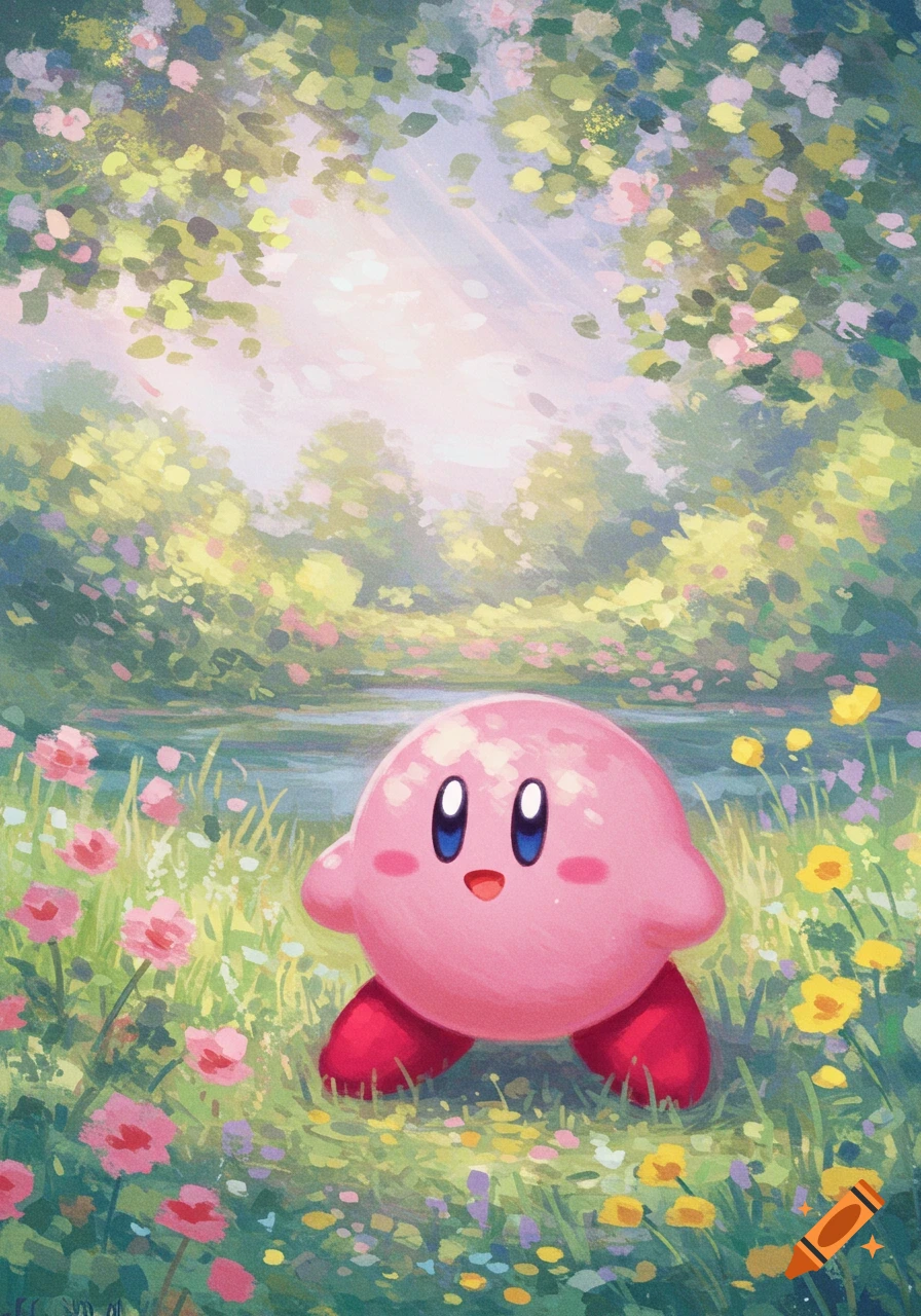 Kirby stands in a sunlit, impressionistic field of pink and yellow flowers with trees and a pond in the background.