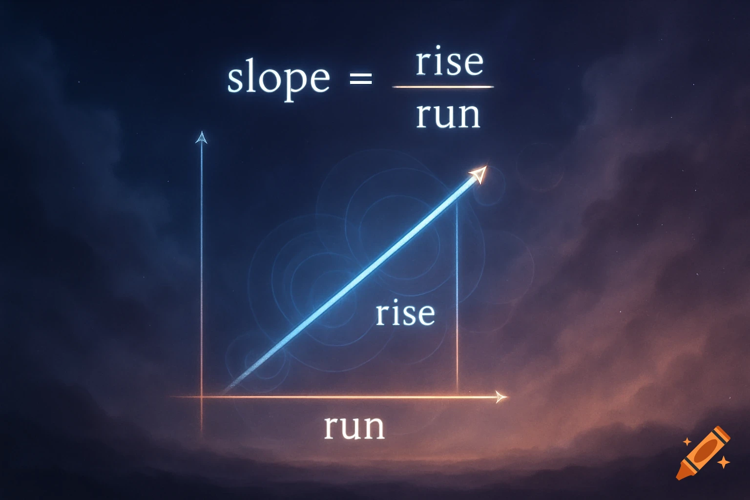 A graph illustrating the formula for slope, showing a blue line rising from an origin with labels 'rise' and 'run' against a dark, cosmic background.