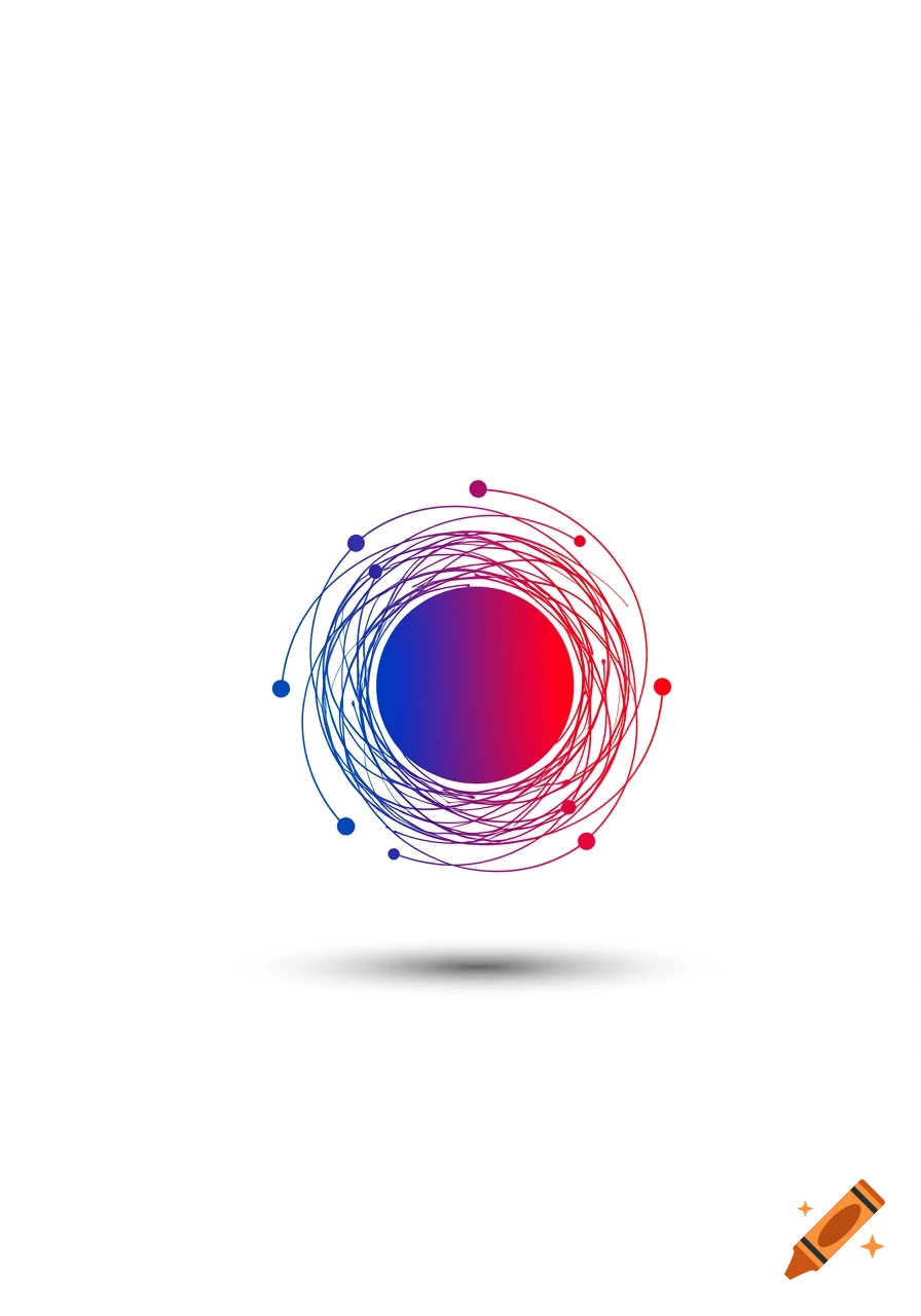 An abstract design featuring a central circle with a blue to red gradient, surrounded by swirling lines and small dots in a similar color scheme, on a white background.
