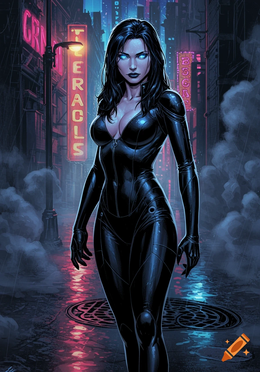 A woman in a black catsuit with glowing blue eyes stands in a rainy, neon-lit cyberpunk city alley at night in a comic art style.