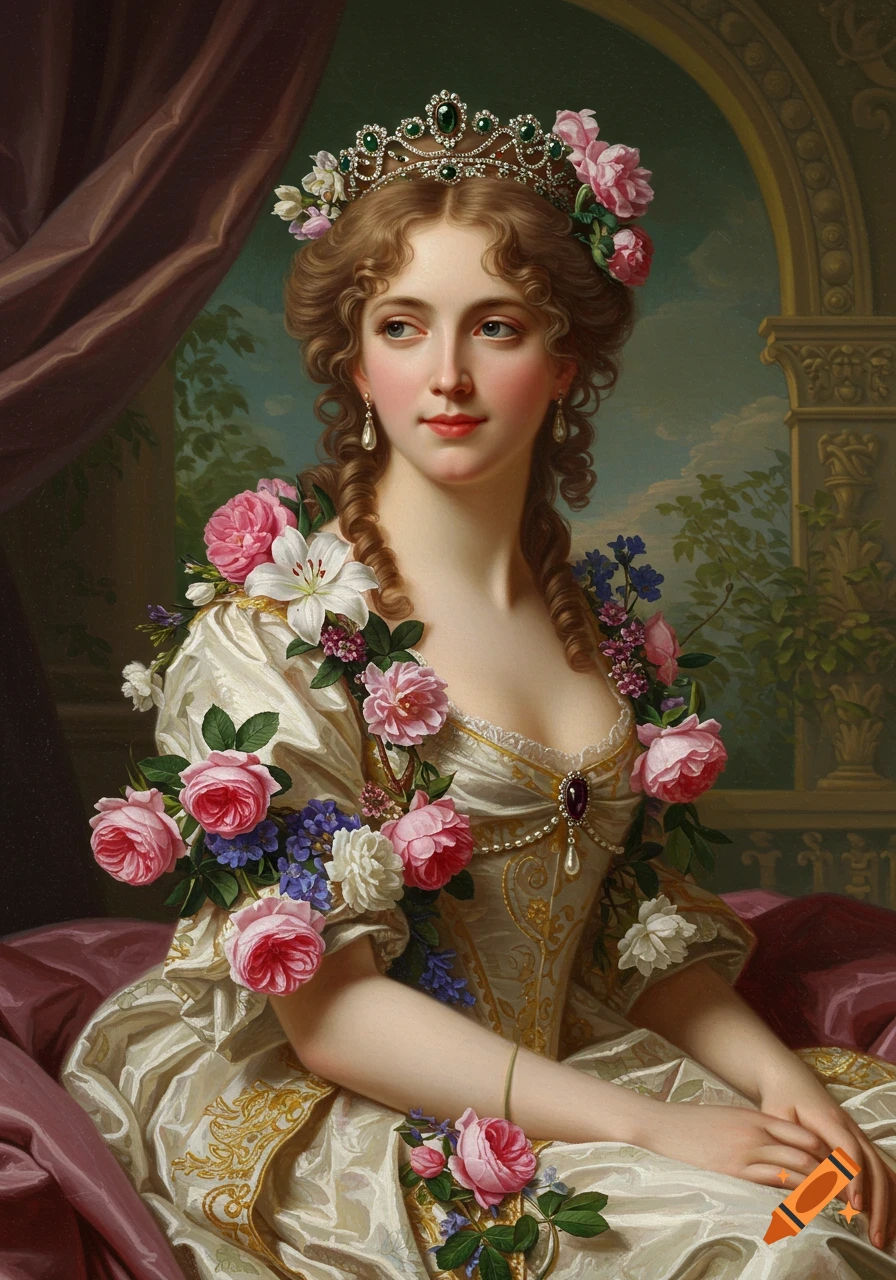Neoclassical portrait painting of a lady with curled hair, tiara, and pink and white flowers on her dress.