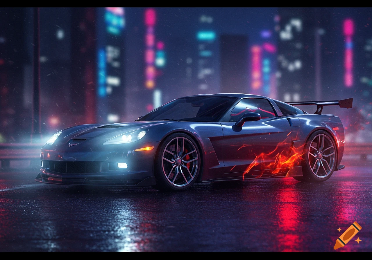 A sleek blue sports car with glowing red and blue accents parked on a wet street at night, with blurred city lights in the background.
