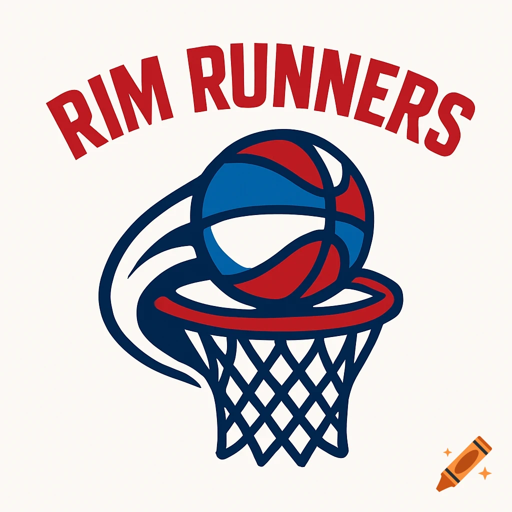 A basketball logo featuring a red rim and net, with a blue, white, and red basketball appearing to go into the hoop. The words "RIM RUNNERS" are in red above the image.