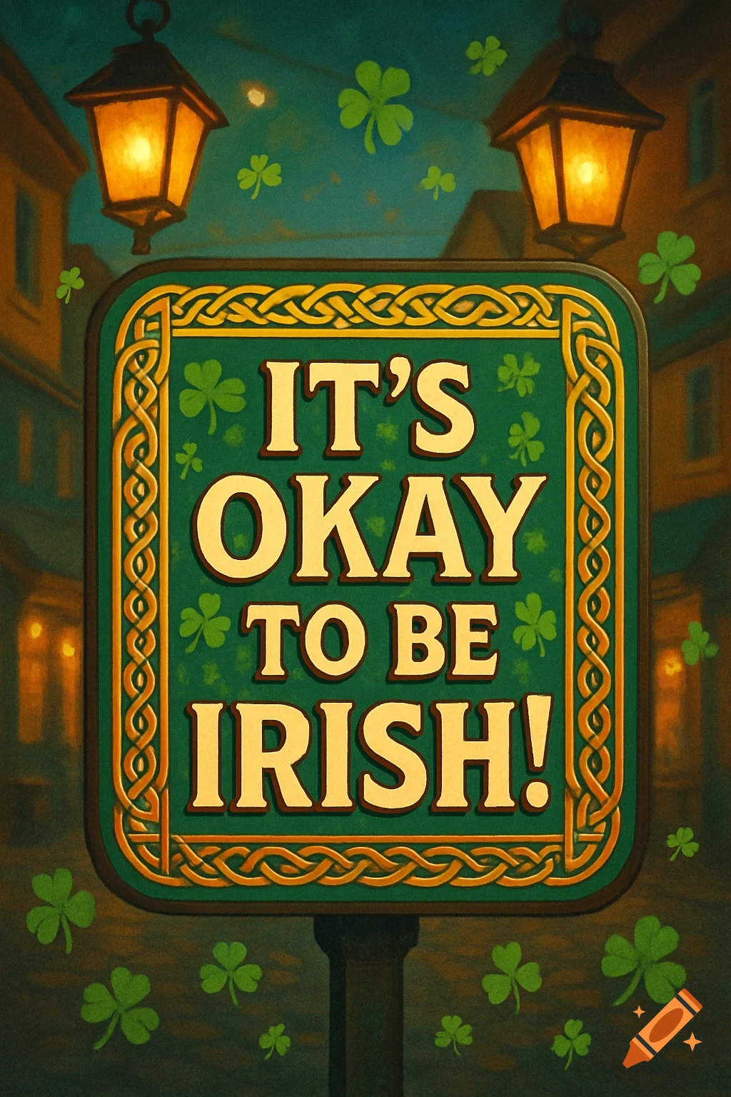 A green sign with gold Celtic knot borders reads 'IT'S OKAY TO BE IRISH!' with shamrocks and lanterns in the background.