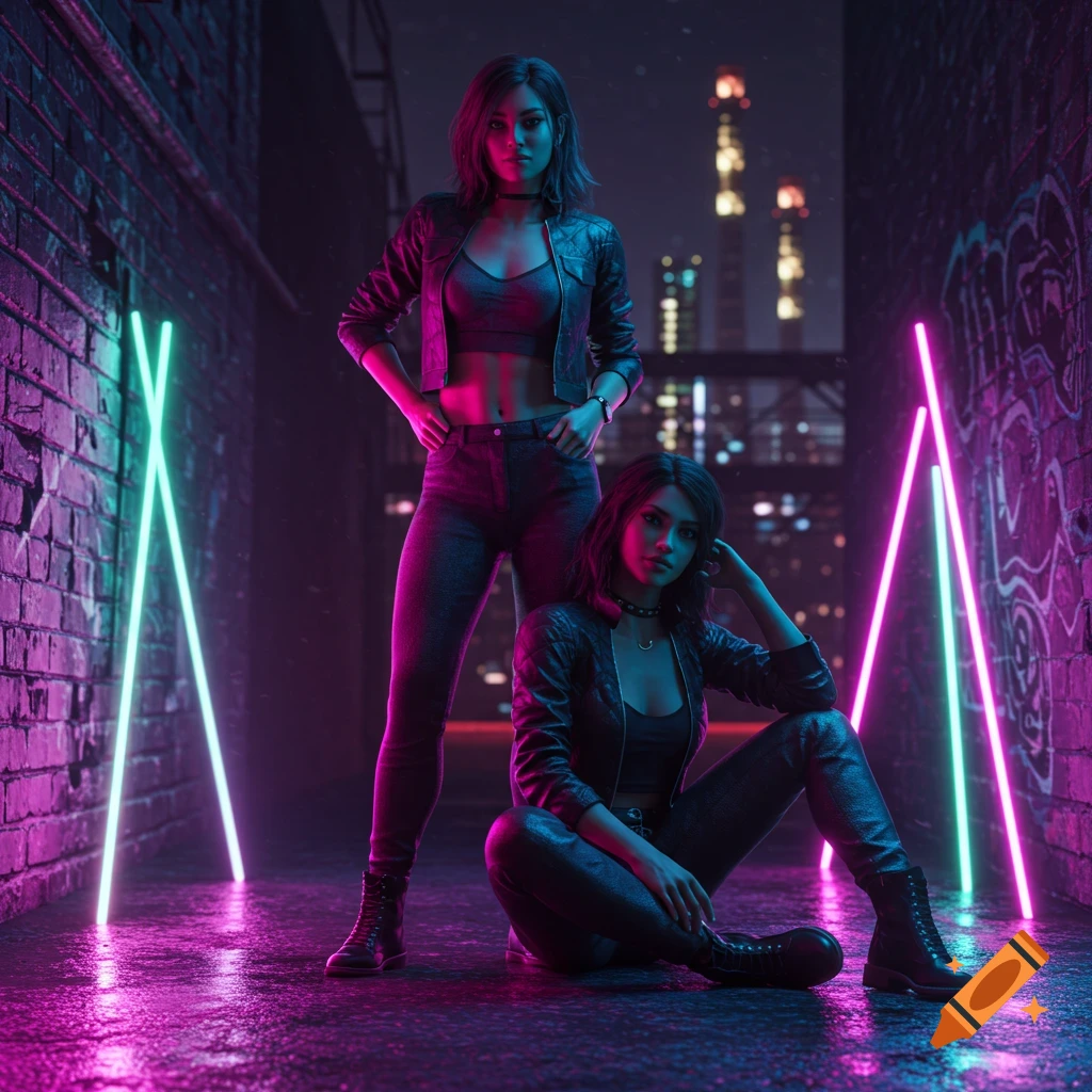 Two women pose in an urban alley at night, lit by vibrant pink and blue neon lights. One stands, one sits, both in stylish black leather jackets and pants, with a city skyline in the background. Photorealistic style.