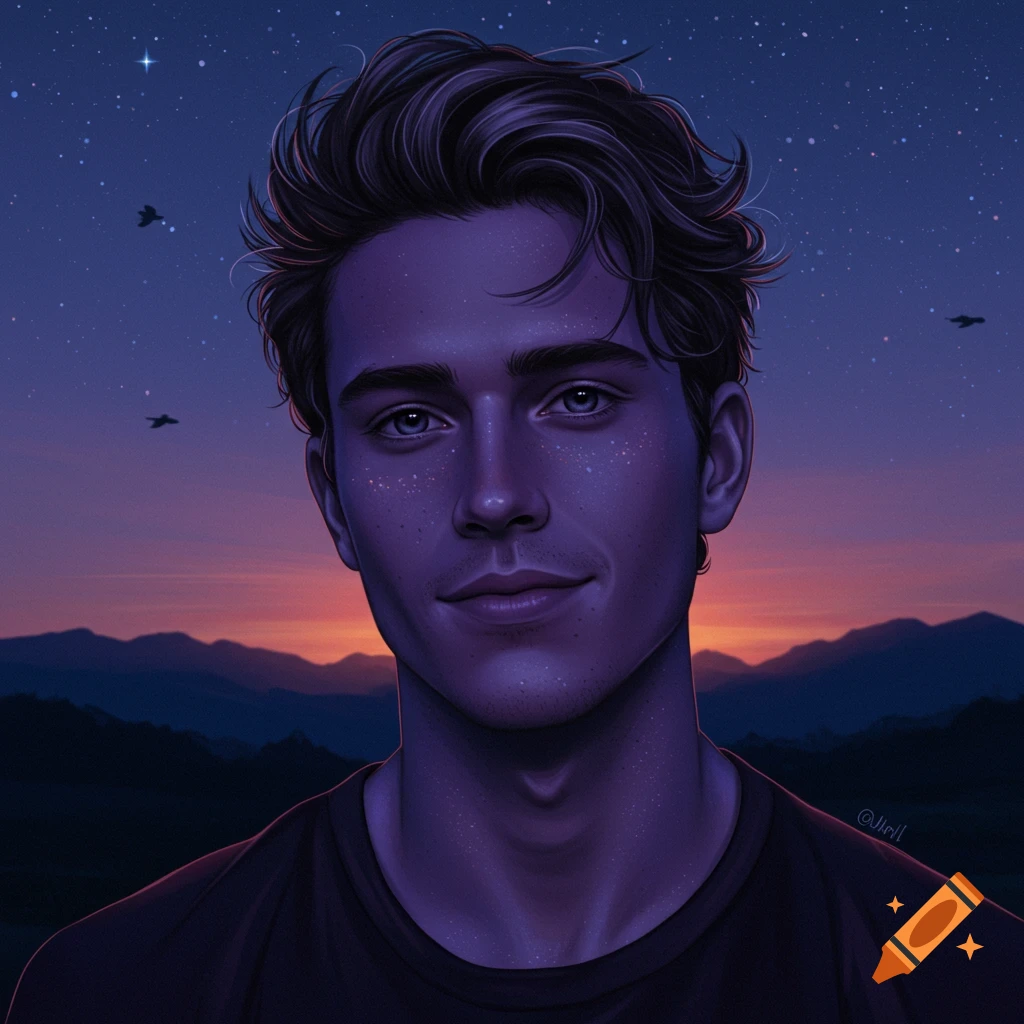 A digital painting of a young man with dark hair and blue eyes, against a starry night sky and sunset mountains. His face has subtle, sparkling freckles.